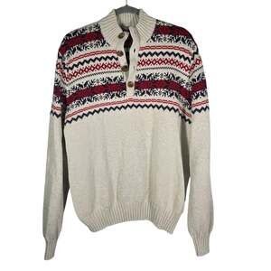 IZOD Men’s Fair Isle Button Mock Neck Henley Sweater Cream Red Navy L